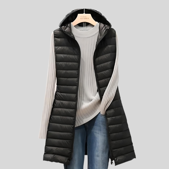 LONG PUFFY SLEEVELESS JACKET WITH ZIP-M-Black-State of Style