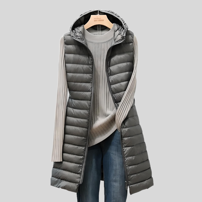 LONG PUFFY SLEEVELESS JACKET WITH ZIP-M-Gray-State of Style