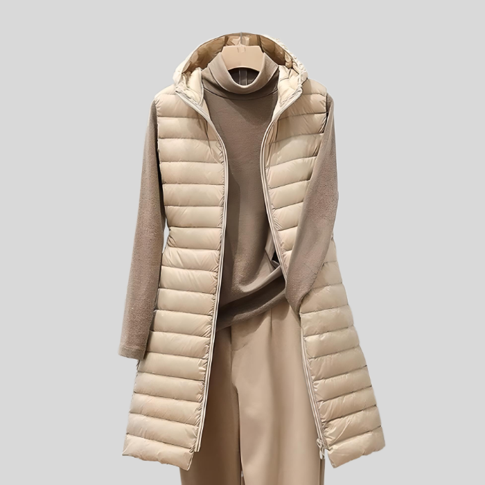 LONG PUFFY SLEEVELESS JACKET WITH ZIP-M-Khaki-State of Style