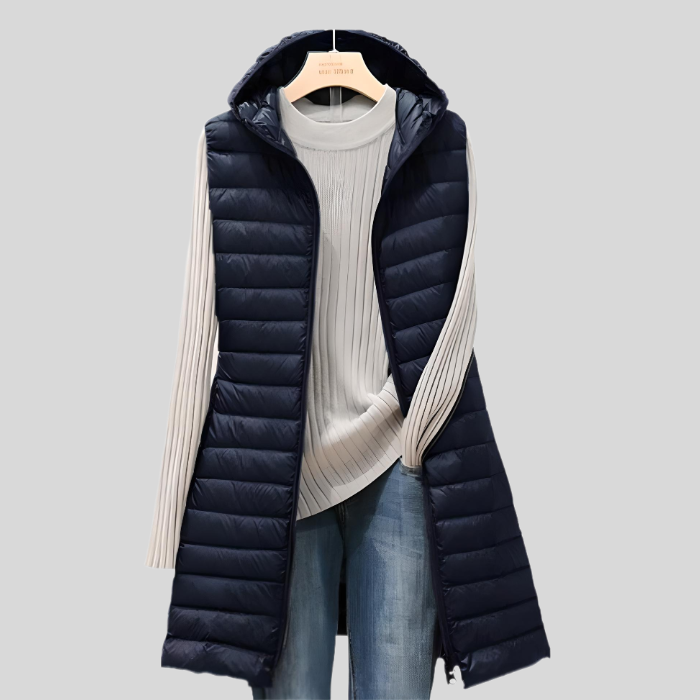 LONG PUFFY SLEEVELESS JACKET WITH ZIP-M-Navy Blue-State of Style
