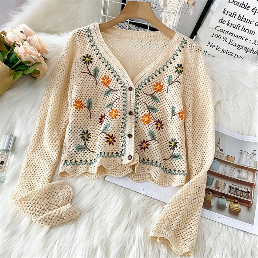 Long Sleeve Floral Cardigan | Elegant Lightweight Knitwear-Apricot-One size fits all-State of Style