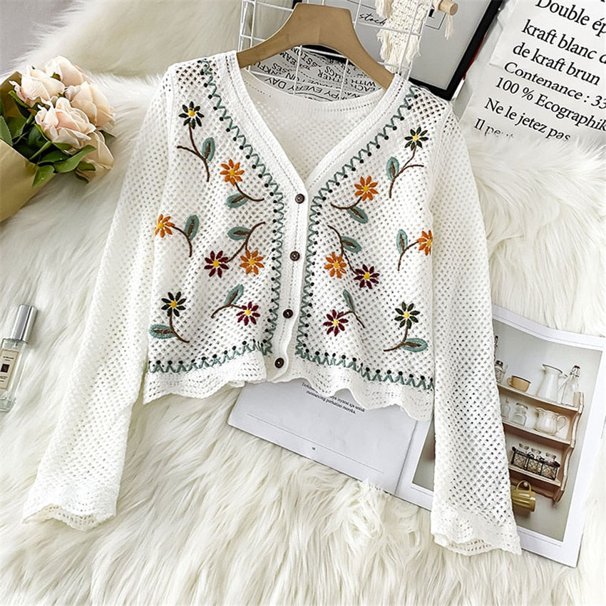 Long Sleeve Floral Cardigan | Elegant Lightweight Knitwear-White-One size fits all-State of Style
