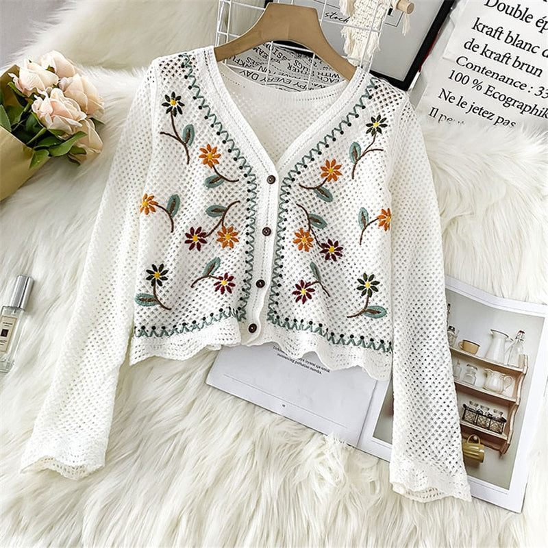 Long Sleeve Floral Cardigan | Elegant Lightweight Knitwear-White-One size fits all-State of Style