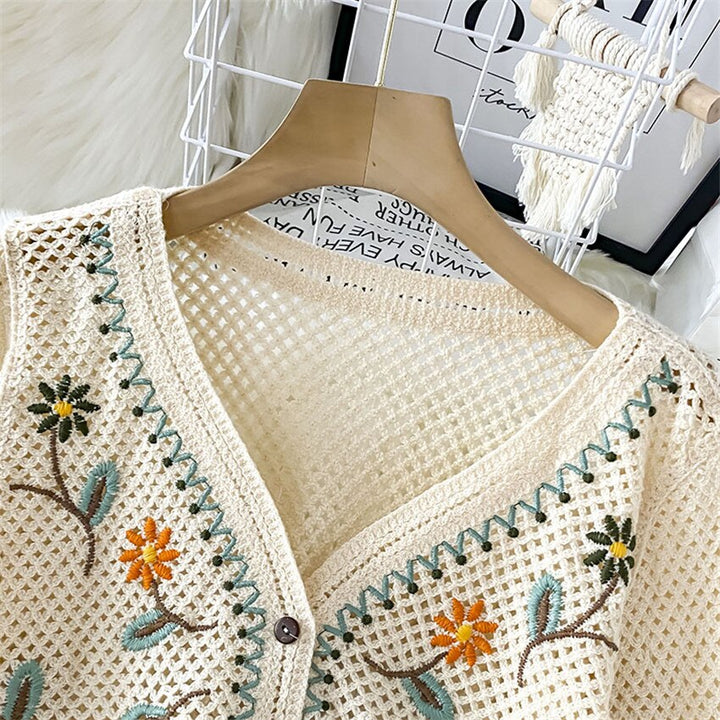 Long Sleeve Floral Cardigan | Elegant Lightweight Knitwear-White-One size fits all-State of Style