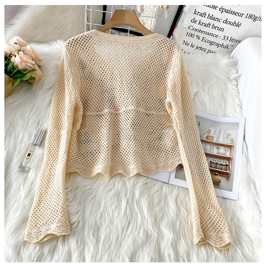 Long Sleeve Floral Cardigan | Elegant Lightweight Knitwear-White-One size fits all-State of Style