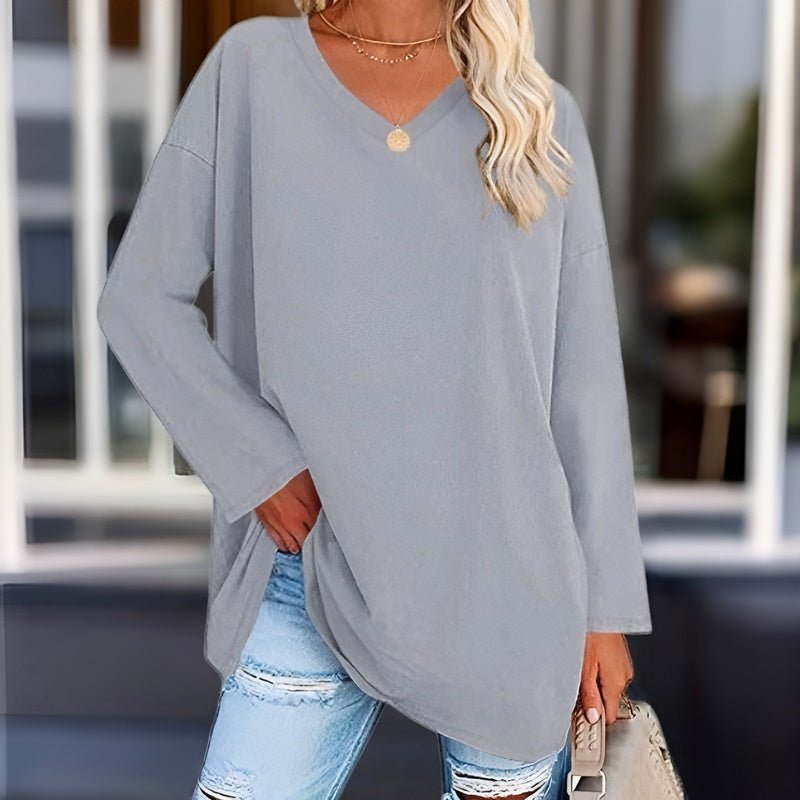 Long Sleeve V-Neck Women's Top - Lucinda-Grey-S-State of Style