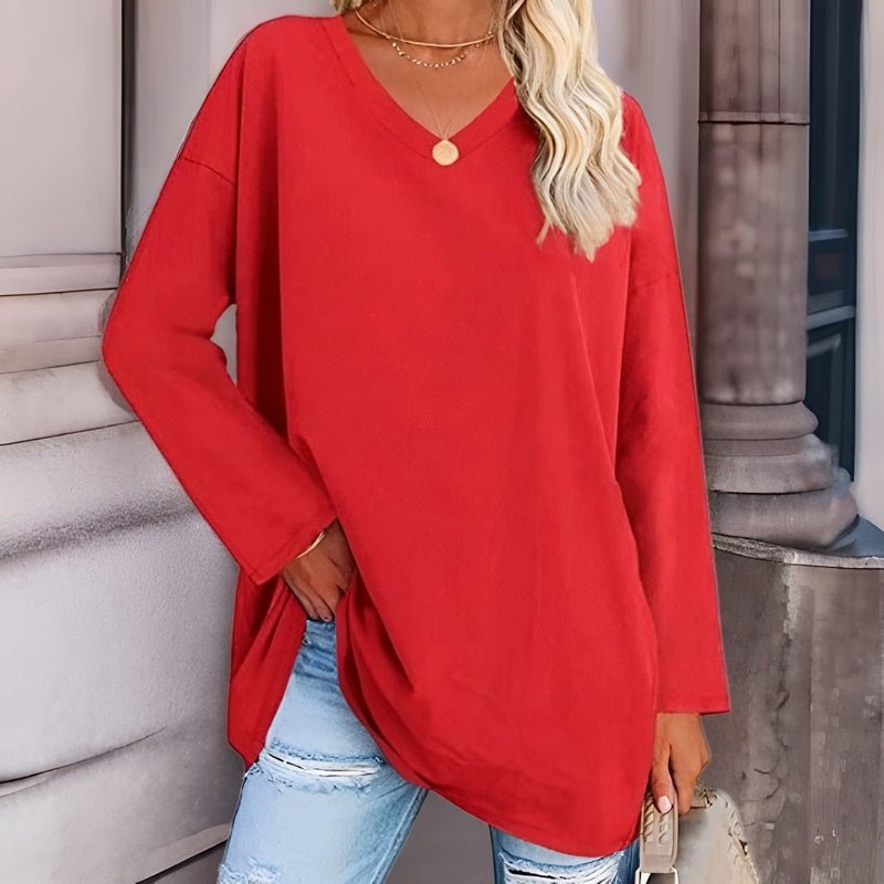 Long Sleeve Women's Sweater with V-Neck - Lucinda-Red-S-State of Style