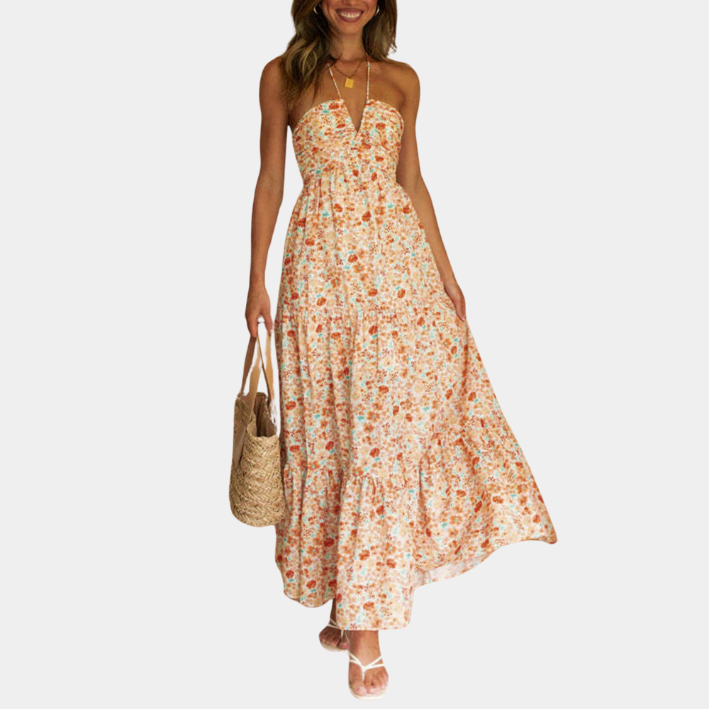 Long Summer Dress with Halter Neck – Soraya-Orange-XS-State of Style