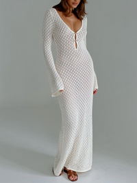 Long women's beach dress with back cutout and V-neck – Celina-White-XS-State of Style