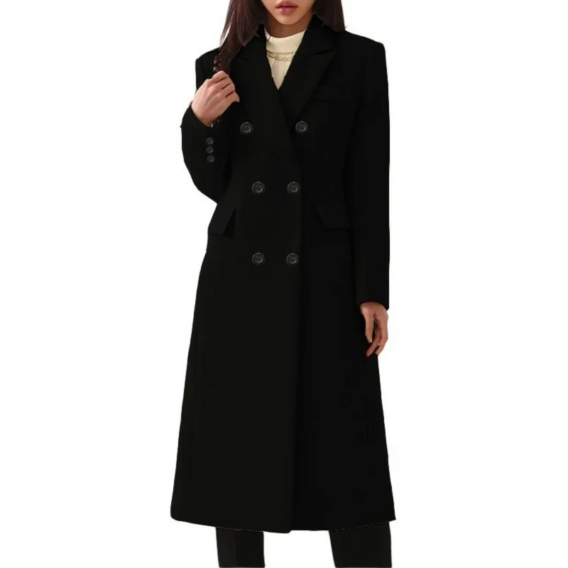 Long Wool Women's Coat with Double Collar - Elise-Black-S-State of Style