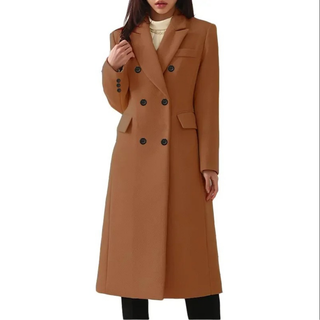 Long Wool Women's Coat with Double Collar - Elise-Dark Brown-S-State of Style