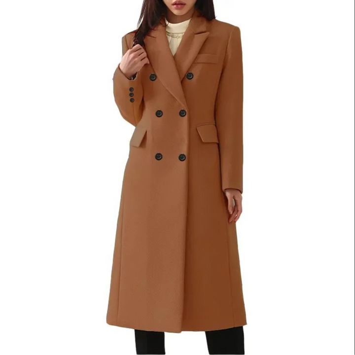 Long Wool Women's Coat with Double Collar - Elise-Dark Brown-S-State of Style