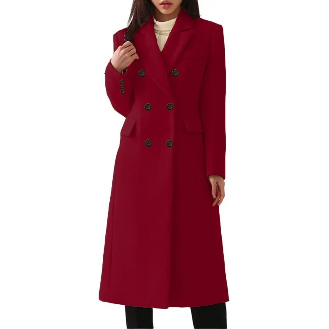 Long Wool Women's Coat with Double Collar - Elise-Red-S-State of Style