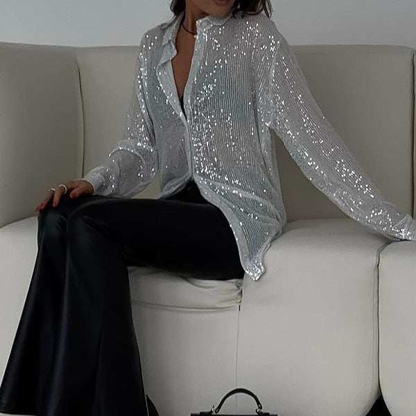 Loose Blouse with Shiny Sequins – Celeste-Black-S-State of Style