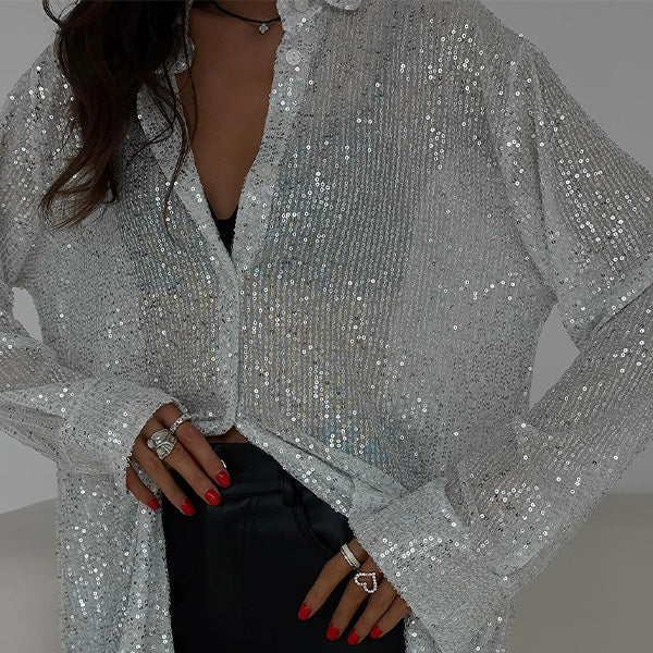 Loose Blouse with Shiny Sequins – Celeste-Black-S-State of Style