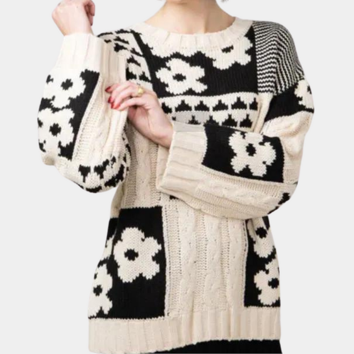 Loose Falling Knitted Ladies Sweater with Floral Print - Lilou-XS-State of Style
