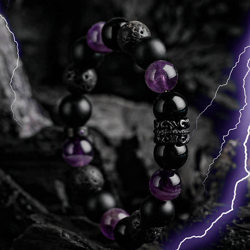 "Lord Black Warrior" Natural Crystal Bead Bracelet - Ragnar-Obsidian & Amethyst with Lava Stone-14cm-State of Style