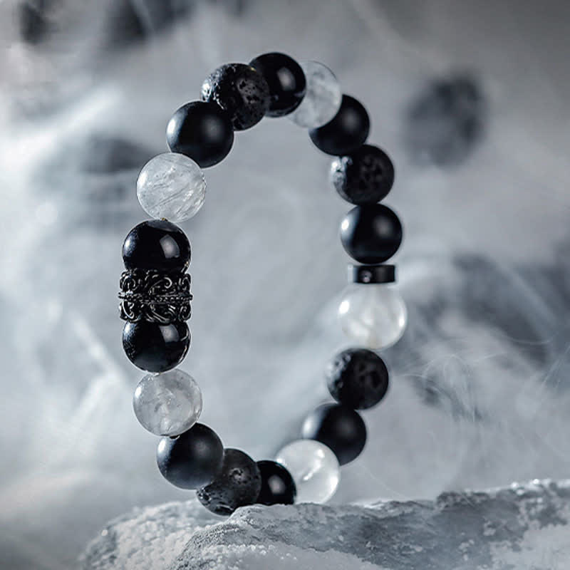 "Lord Black Warrior" Natural Crystal Bead Bracelet - Ragnar-Obsidian & Clear Crystal with Lava Stone-14cm-State of Style