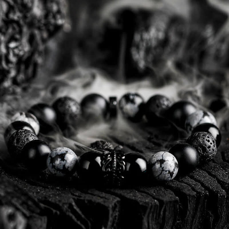 "Lord Black Warrior" Natural Crystal Bead Bracelet - Ragnar-Obsidian & Snowflake Obsidian with Lava Stone-14cm-State of Style