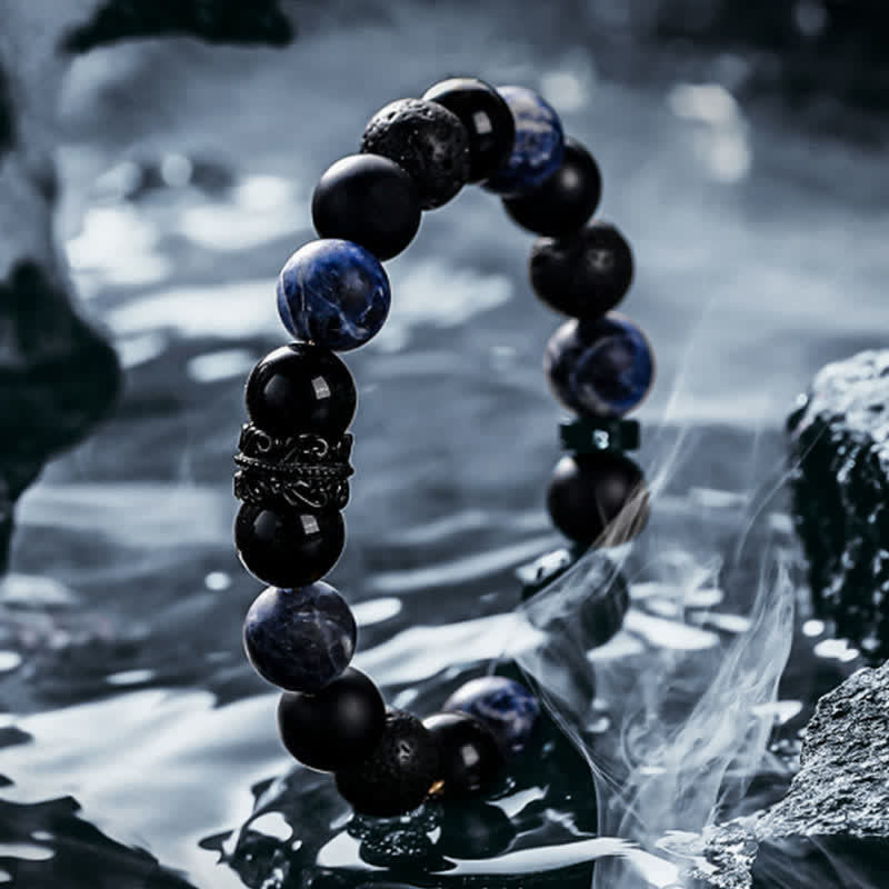 "Lord Black Warrior" Natural Crystal Bead Bracelet - Ragnar-Obsidian & Sodalite with Lava Stone-14cm-State of Style