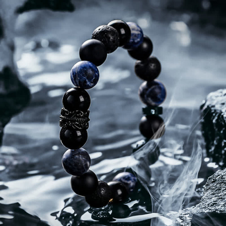 "Lord Black Warrior" Natural Crystal Bead Bracelet - Ragnar-Obsidian & Sodalite with Lava Stone-14cm-State of Style