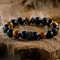 "Lord Black Warrior" Natural Crystal Bead Bracelet - Ragnar-Obsidian & Tiger's Eye with Lava Stone-14cm-State of Style