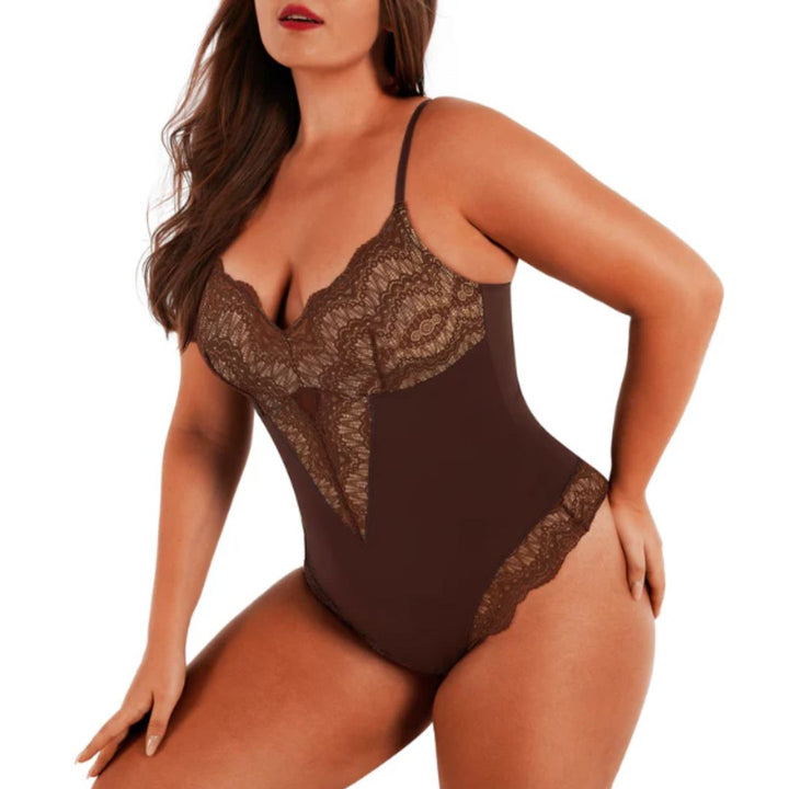 Lorrine V-Neck Lace Bodysuit – Elegant Shapewear with Tummy Control-Brown-S-State of Style
