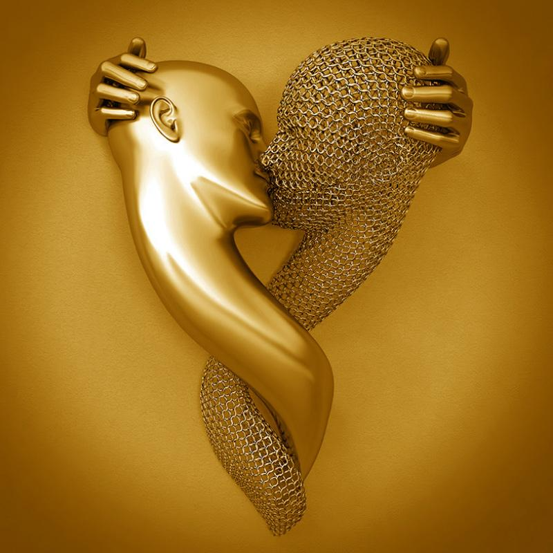 Love Canvas with Metal Figure - AmorArte-Gold (No frame)-Kiss of love-30 cm x 40 cm-State of Style