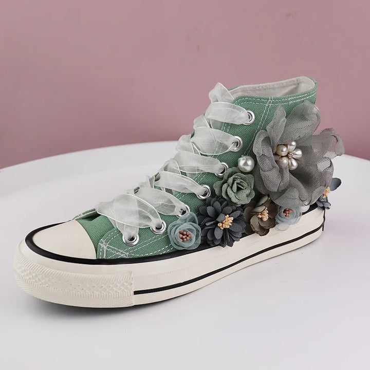 Lovebug Lace-Up Sneakers – Floral High-Tops with Pearl Embellishments-6.0 (23.5cm)-State of Style