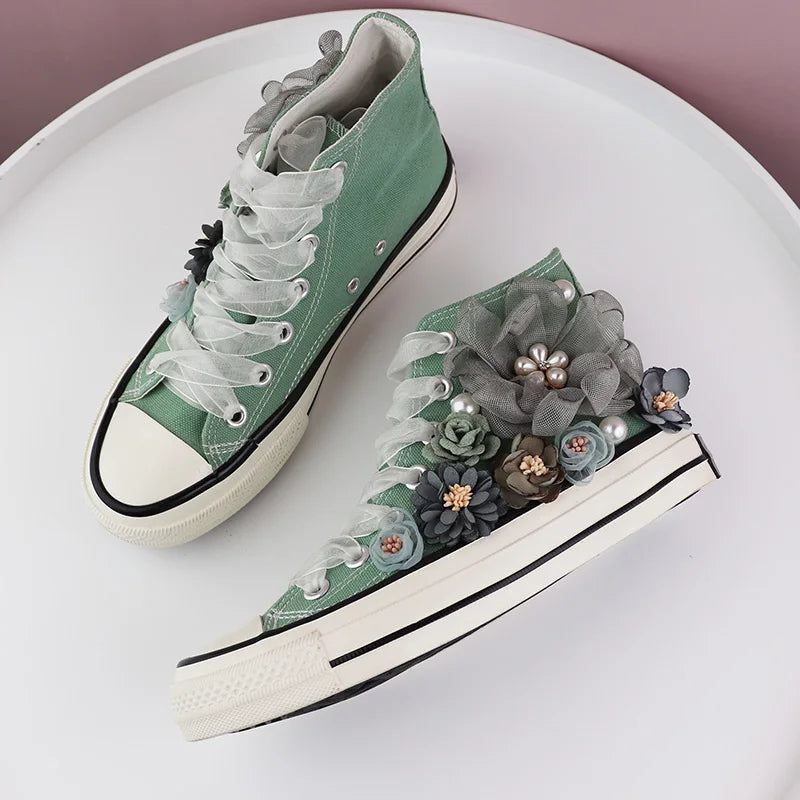 Lovebug Lace-Up Sneakers – Floral High-Tops with Pearl Embellishments-6.0 (23.5cm)-State of Style