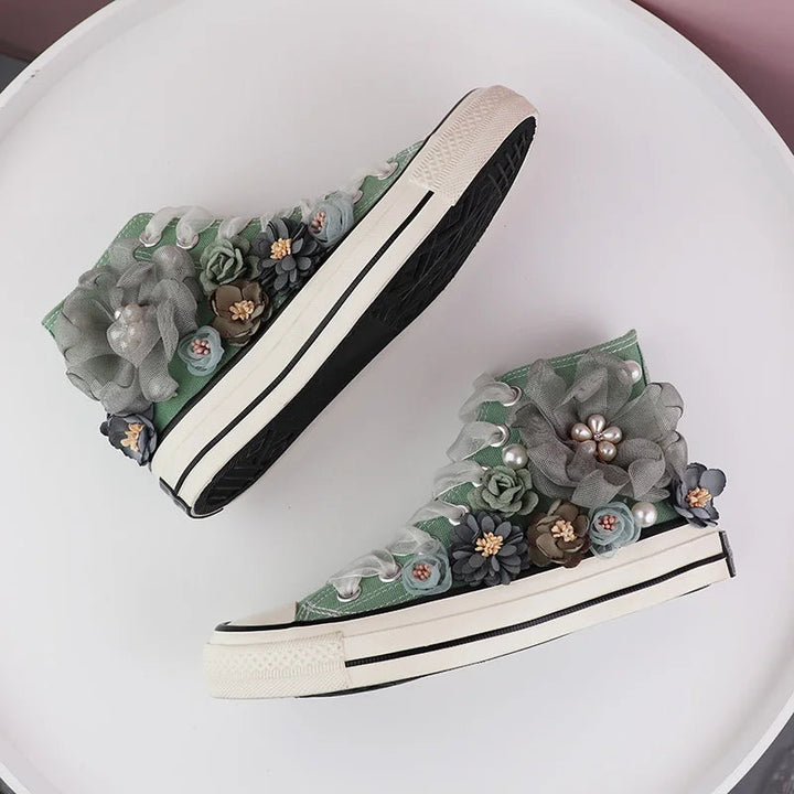 Lovebug Lace-Up Sneakers – Floral High-Tops with Pearl Embellishments-6.0 (23.5cm)-State of Style