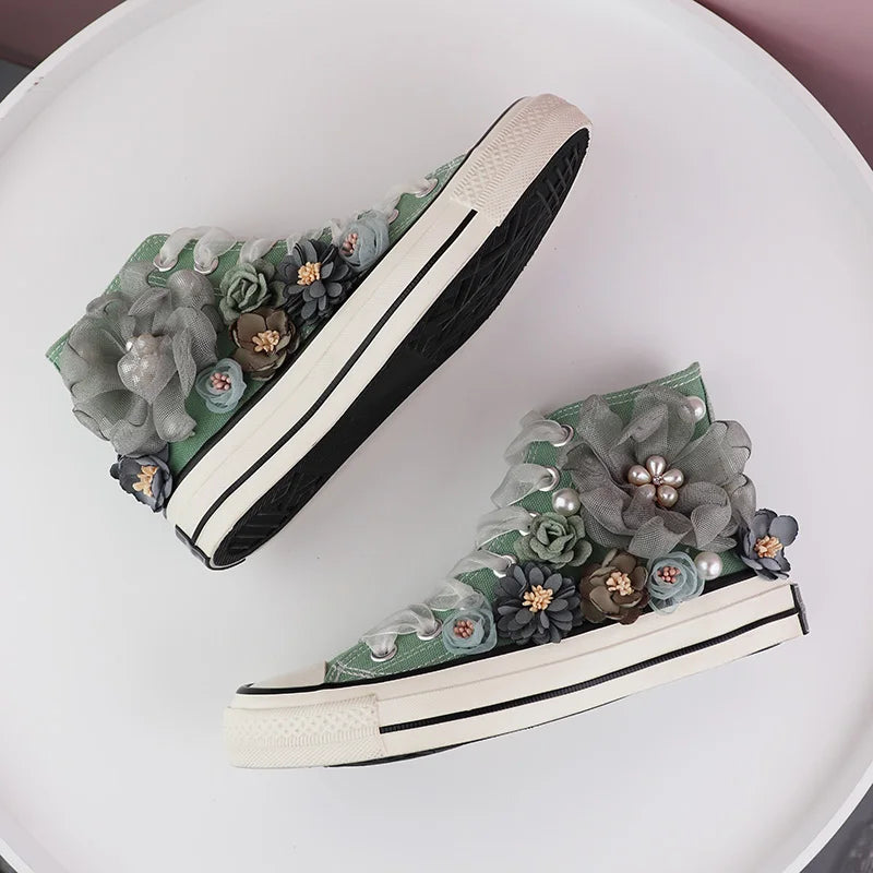 Lovebug Lace-Up Sneakers – Floral High-Tops with Pearl Embellishments-6.0 (23.5cm)-State of Style