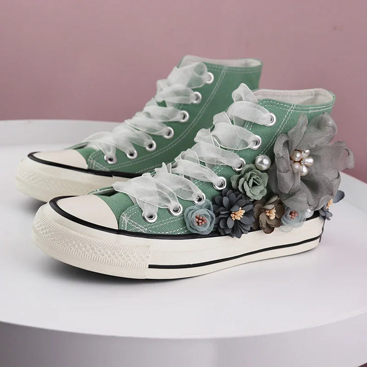 Lovebug Lace-Up Sneakers – Floral High-Tops with Pearl Embellishments-6.0 (23.5cm)-State of Style
