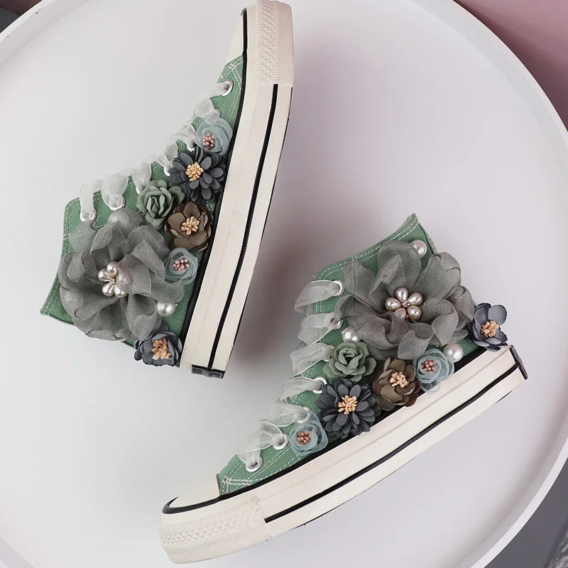 Lovebug Lace-Up Sneakers – Floral High-Tops with Pearl Embellishments-6.0 (23.5cm)-State of Style