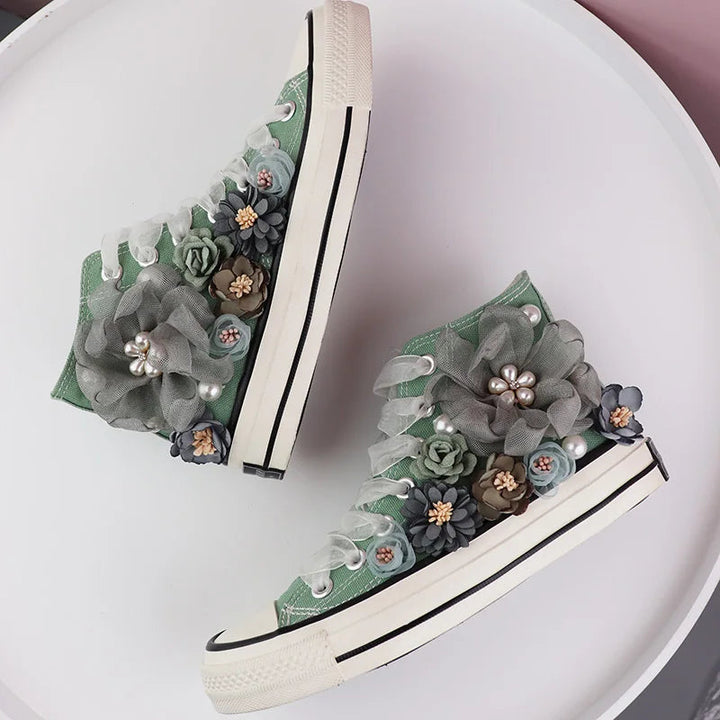 Lovebug Lace-Up Sneakers – Floral High-Tops with Pearl Embellishments-6.0 (23.5cm)-State of Style