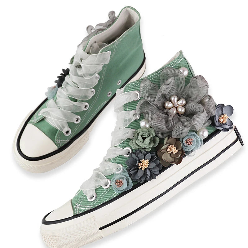 Lovebug Lace-Up Sneakers – Floral High-Tops with Pearl Embellishments-6.0 (23.5cm)-State of Style