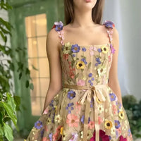 Lovely Dress with Floral Embroidery and Straps - Lilac-Apricot-XS-State of Style
