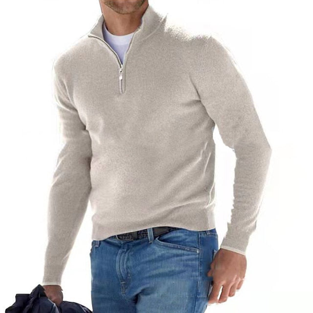 Luca Belloni Merino V-Neck Jumper with Zip-Beige-S-State of Style
