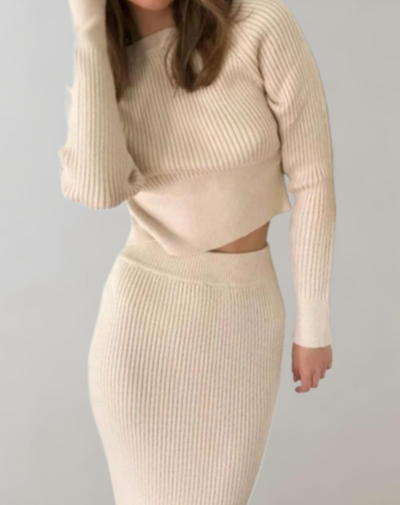 Lucy - 2-piece set of ribbed knitted sweater and slim fit skirt-2XS-Beige-State of Style