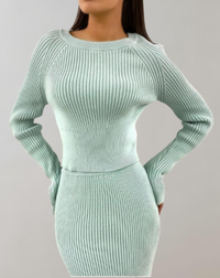 Lucy - 2-piece set of ribbed knitted sweater and slim fit skirt-2XS-Green-State of Style