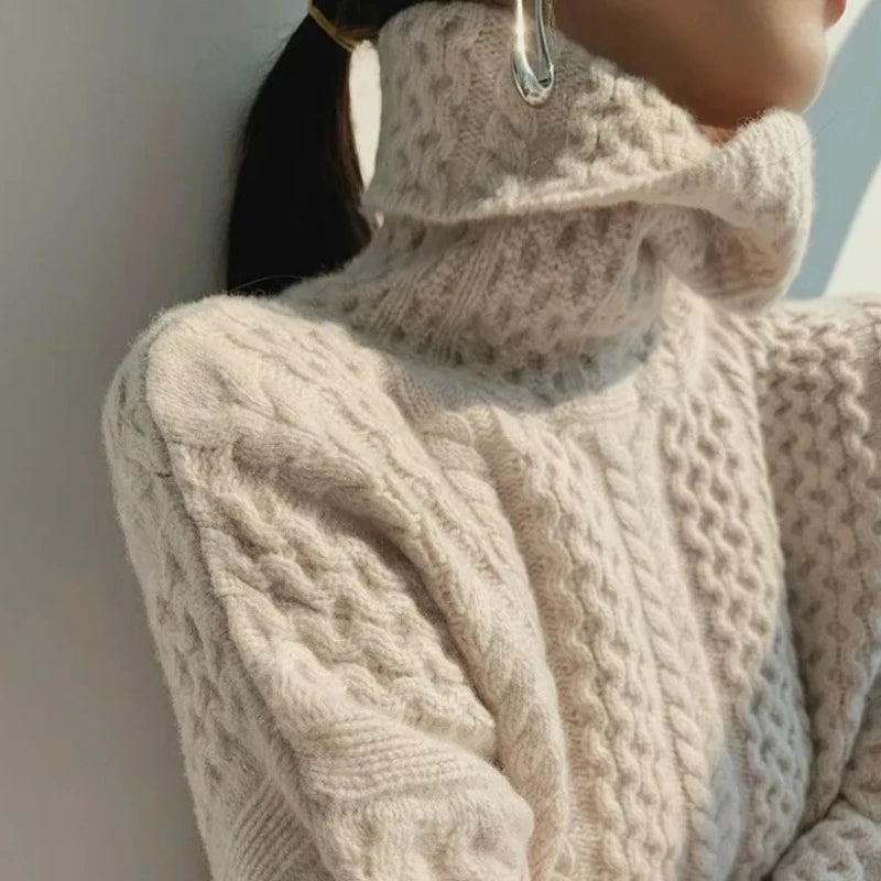 Luxe Cashmere Turtleneck Sweater with Checkered Pattern - Celeste-Beige-XS-State of Style