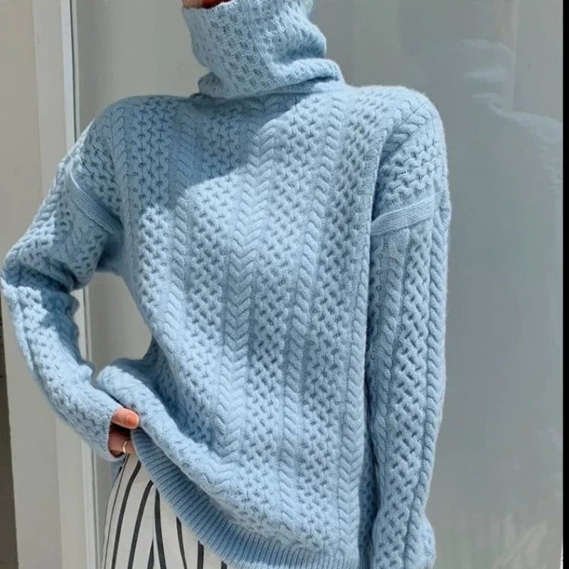Luxe Cashmere Turtleneck Sweater with Checkered Pattern - Celeste-Blue-XS-State of Style
