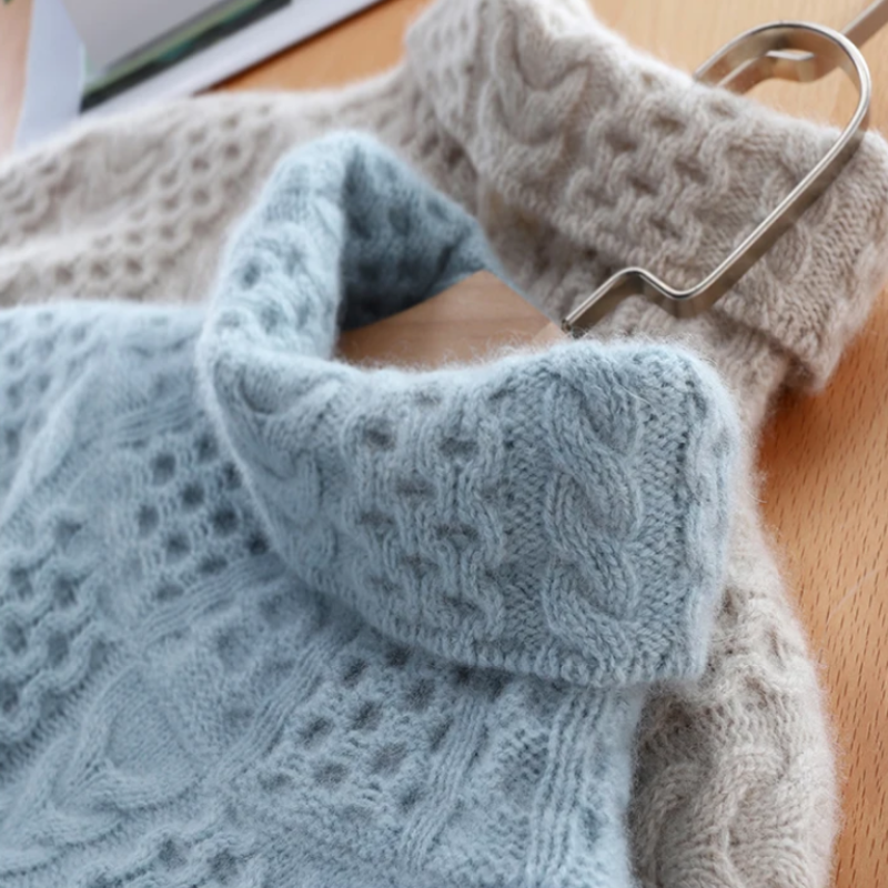 Luxe Cashmere Turtleneck Sweater with Checkered Pattern - Celeste-Blue-XS-State of Style