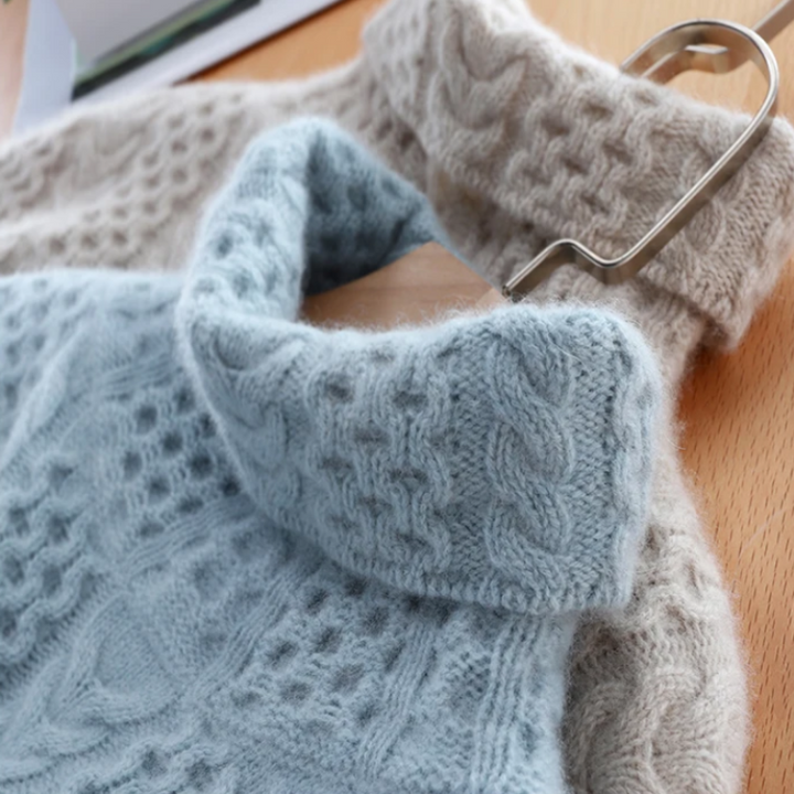 Luxe Cashmere Turtleneck Sweater with Checkered Pattern - Celeste-Blue-XS-State of Style