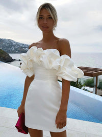Luxe Satin Dress with Ruffles - Elise-White-S-State of Style
