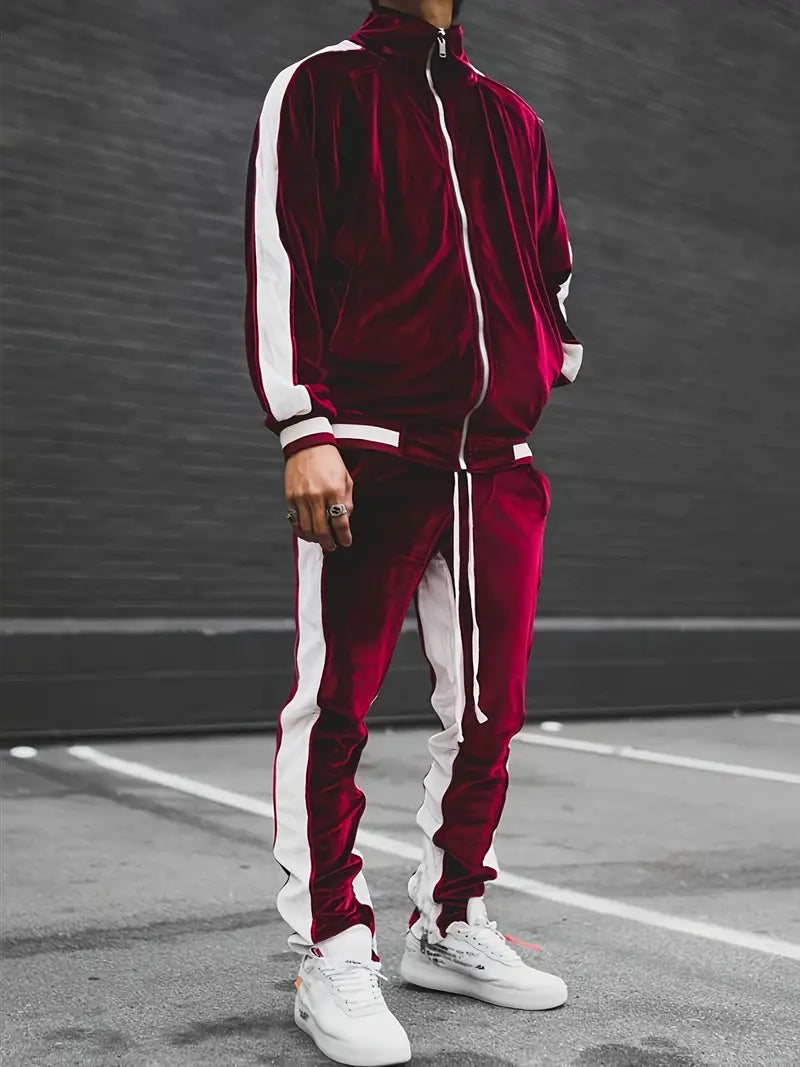 Luxe Velvet Tracksuit with Zipper for Men - Mason-Burgundy-S-State of Style