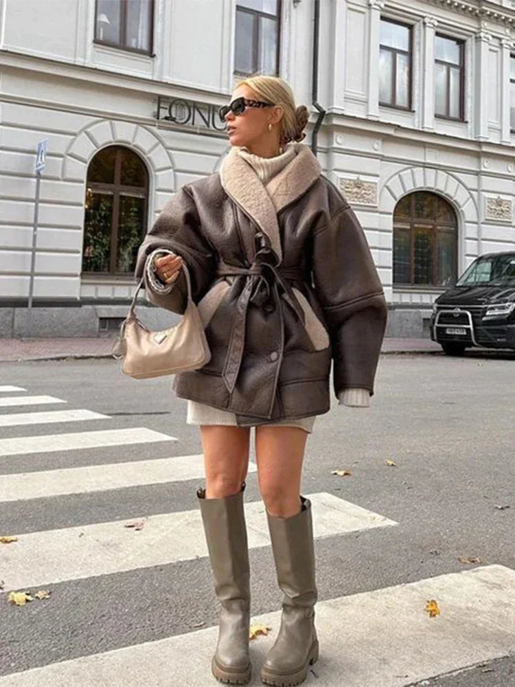 Luxe Winter Leather and Fur Coat - Mirabelle-Khaki-S-State of Style