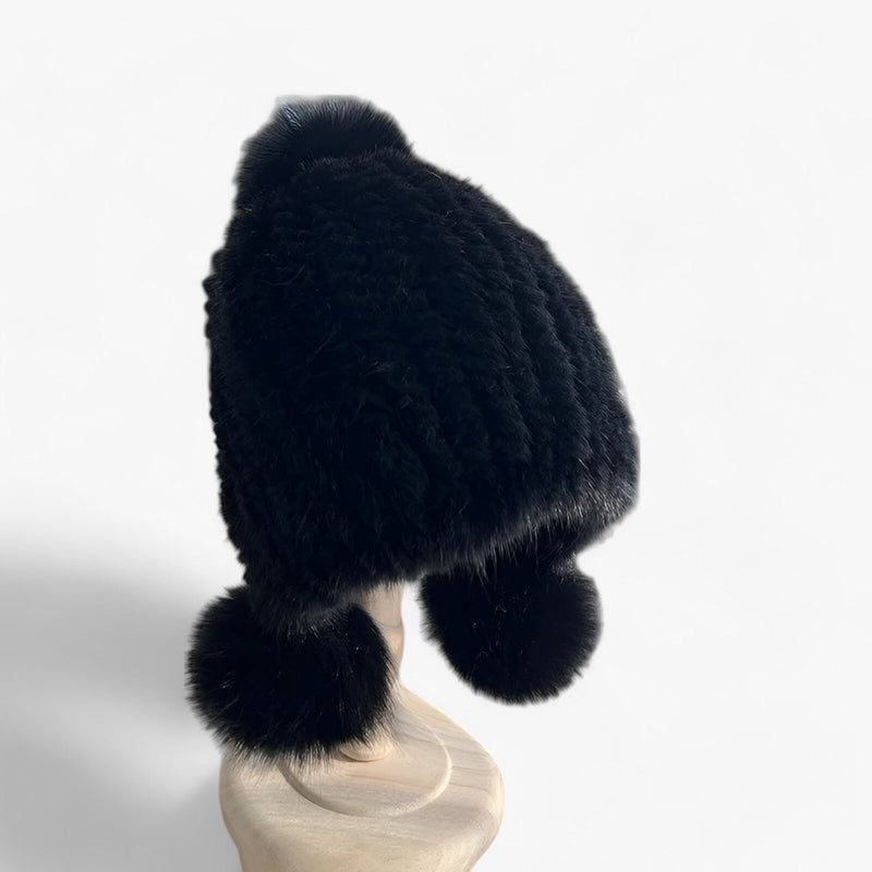Luxurious Weasel Fur Hat with Fox Fur Pom-Pom - Valeria-Black-Elastic band-State of Style