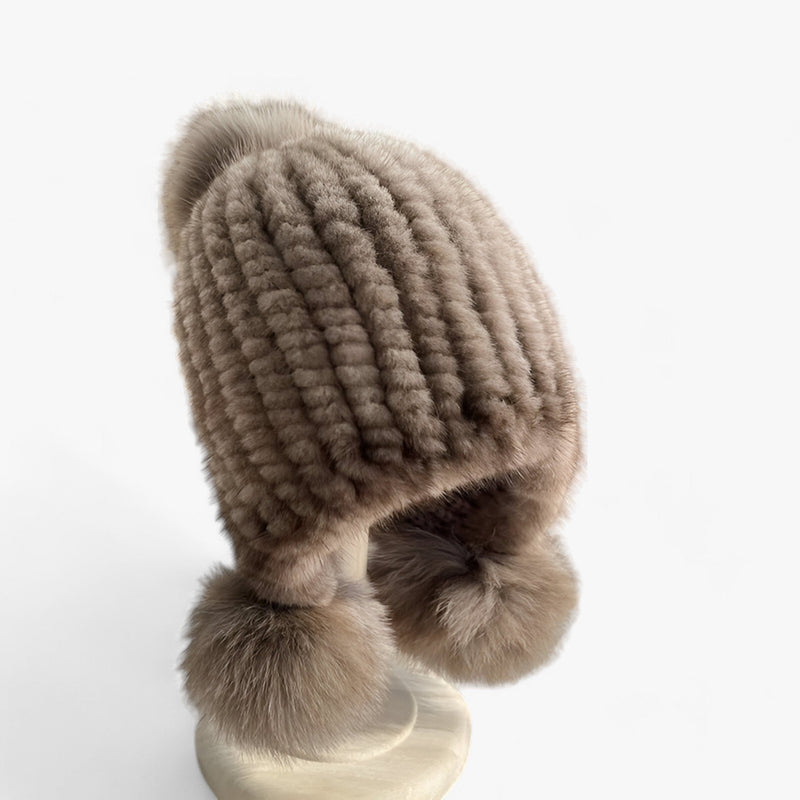 Luxurious Weasel Fur Hat with Fox Fur Pom-Pom - Valeria-Light chestnut brown-Elastic band-State of Style