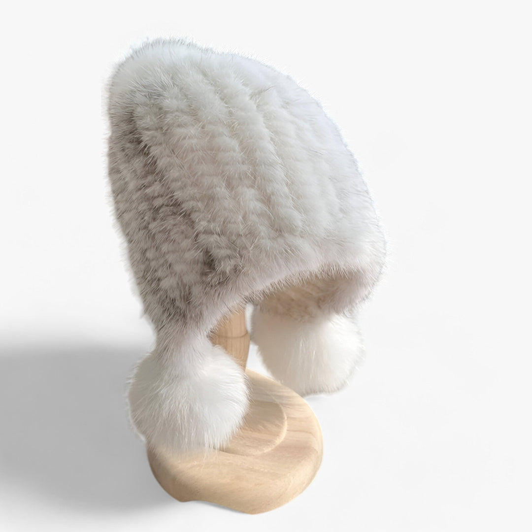 Luxurious Weasel Fur Hat with Fox Fur Pom-Pom - Valeria-White mink mix-Elastic band-State of Style